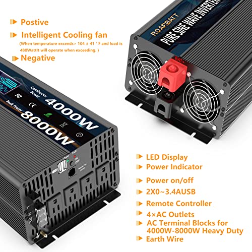 Pure Sine Wave Power Inverters 4000W 12V DC to AC 110V 120V Peak Power 8000W with Remote Control 4 AC Outlets,Dual USB Port,LED Display AC Terminal Blocks for Power Inverter Truck RV Car Solar System
