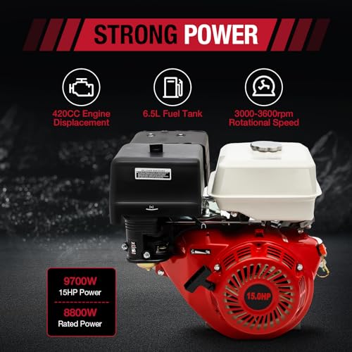 RustyVioum 15 HP 420cc 4-Stroke Gas Engine, OHV Horizontal Gas Engine Pull Start Go Kart Motor Recoil with Silencer Gasoline Motor Engine 9.7KW/3600r/min for Vibrators Dosing Machines Puffers, Red