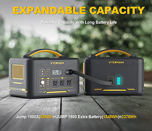 VTOMAN Jump 1500X Portable Power Station with Extra Battery, 1500W/2376Wh Durable LiFePO4 (LFP) Battery Station with 1500W AC Outlets, Regulated 12V DC, PD 100W, for Home Backup & RV/Van Camping