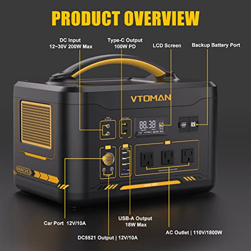 VTOMAN Jump 1800 Power Station with 400W Panels Included, 1800W/1548Wh Durable LiFePO4 Power Station with 1800W Constant-Power, Regulated 12V DC, PD 100W Type-C for Home Backup & RV/Van Camping