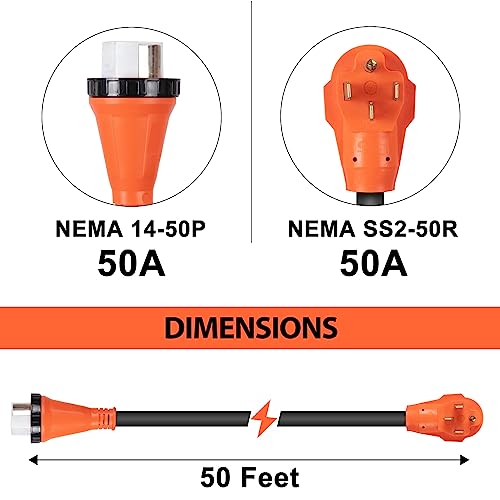 WELLUCK 50 Amp 50FT RV Power Extension Cord with Cord Organizer, Heavy Duty NEMA 14-50P to SS 2-50R RV Twist Locking Adapter Plug for RV Camper and Generator to House, 6/3+8/1 Gauge, ETL Listed