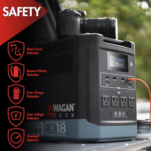 Wagan Lithium Power Station EX18 With 100W Foldable Solar Panel 1440Wh Portable Solar Power Generator Power Inverter Expandable LiFePO4 Battery Generator for Power Outages, Outdoor Camping