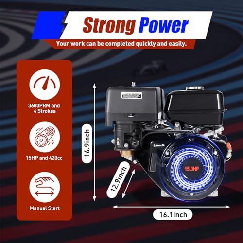 RAYAMURR 15HP 420CC Engine - 4-Stroke Gas Engine Industrial Grade OHV, Recoil Pull Start, Horizontal Motor for Go Kart, Compressor, Scarifier, Lawnmower, Pump, Generator, and Flail Mower