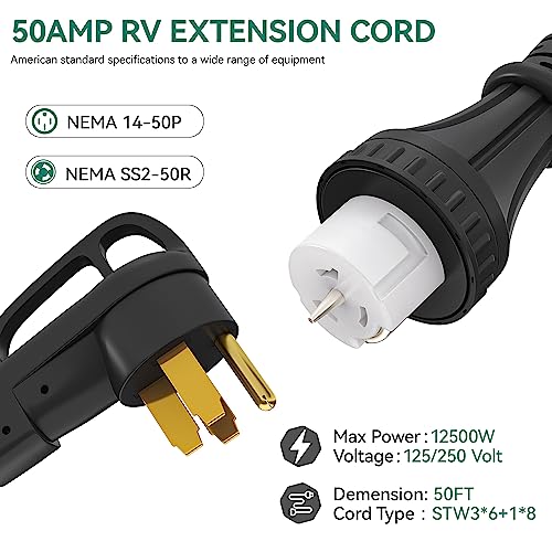 YITAHOME 50 Amp 50FT Generator Extension Cord Heavy Duty, NEMA 14-50P/SS2-50R, 4 Prong STW 6/3+8/1AWG, Twist Lock Connector with UL/ETL Listed, 125V/250V 12500W w/Strap, Easy Plug in Handle