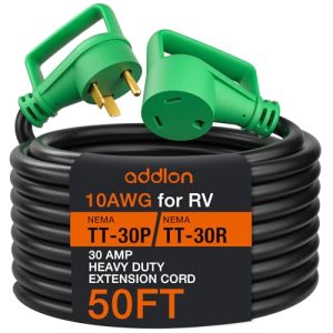addlon 30 Amp 50 Feet RV Extension Cord with Adapter 50M/30F, Heavy Duty 10/3 AWG Gauge STW Cord with Storage Bag and Cord Organizer, TT-30P/R Standard Plug, Black-Green, ETL Listed