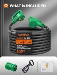 addlon 30 Amp 50 Feet RV Extension Cord with Adapter 50M/30F, Heavy Duty 10/3 AWG Gauge STW Cord with Storage Bag and Cord Organizer, TT-30P/R Standard Plug, Black-Green, ETL Listed