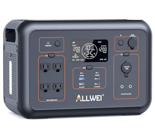 ALLWEI LiFePO4 Portable Power Station, 1200W Solar Generator with UPS Function, 4 AC Outlet(2400W Peak), 1.5Hrs Full Charge, 1008Wh Power Generator for RV Camping Emergency Power Outage Home Use