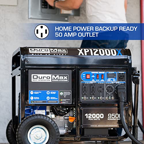 DuroMax XP12000X 12,000-Watt/9,500-Watt 457cc Electric Start Gas Powered Portable Generator w/CO Alert, Black/Blue