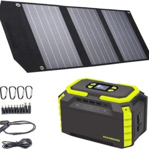 MARBERO 30W Solar Panels and Portable Power Station 222Wh Camping Generator Lithium Battery Power Supply with 110V/200W(Peak 300W) AC Outlet, DC Ports, USB QC 3.0 Ports LED Flashlights for CPAP Home