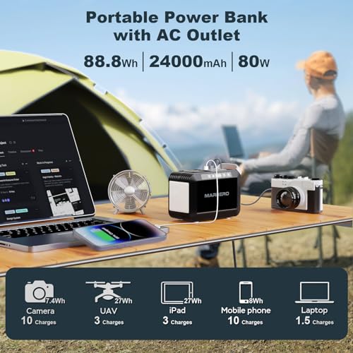 MARBERO Camping Solar Generator 120W Peak Portable Power Station 88Wh Generator with Solar Panel Included 21W, AC, DC, USB QC3.0, LED Flashlight for Outdoor Home Camping Fishing Emergency Backup