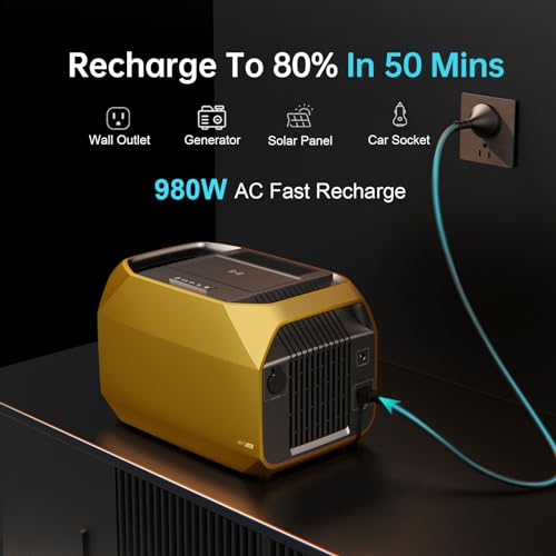 Portable Power Station - 1013Wh EV-Class Li-ion Battery/ 1 Hour Fast Charging, Up to 2000W Output Solar Generator (Solar Panel Optional) for Outdoor Camping/RVs/Home Use(Yellow)