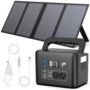 Powkey-350W-Solar-Generator60W-Solar-Panel-and-10W-USB-LED-Light-Kit-70000mAh-Power-Bank-with-AC-Outlets-9-Outports-Power-Station-for-Outdoors-Camping-Travel-Hunting-Emergency-0
