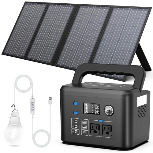Powkey 350W Solar Generator,60W Solar Panel and 10W USB LED Light Kit, 70,000mAh Power Bank with AC Outlets, 9 Outports Power Station for Outdoors Camping Travel Hunting Emergency