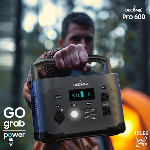 DECOMIL Portable Power Station 600W(Peak 1200W) - Impressive 515Wh Capacity, 120V Pure Sine Wave,Portable Power Bank with AC outlet, Only 12 LBS, Perfect for Home Use, Camping Battery