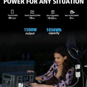 DEENO S1500 Portable Power Station, 1036Wh LiFePO4 (LFP) Battery, 1500W(Peak 3000W) Solar Generator, 0-100% Charging in 2 Hours, UPS Battery Backup for Outdoor Camping RVs Travel Home Use Emergency