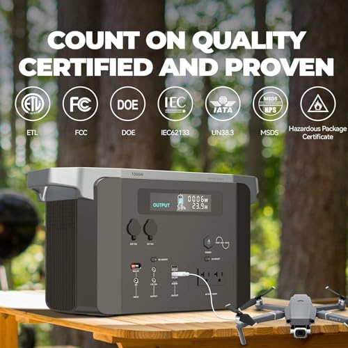Portable Power Station 1000W - 1800W Peak1075Wh Camping Solar Generator with 9 Ports, AC Outlet DC USB PD Output, IPX4 Outdoor Power Supply for CPAP RV Home Use Emergency Backup