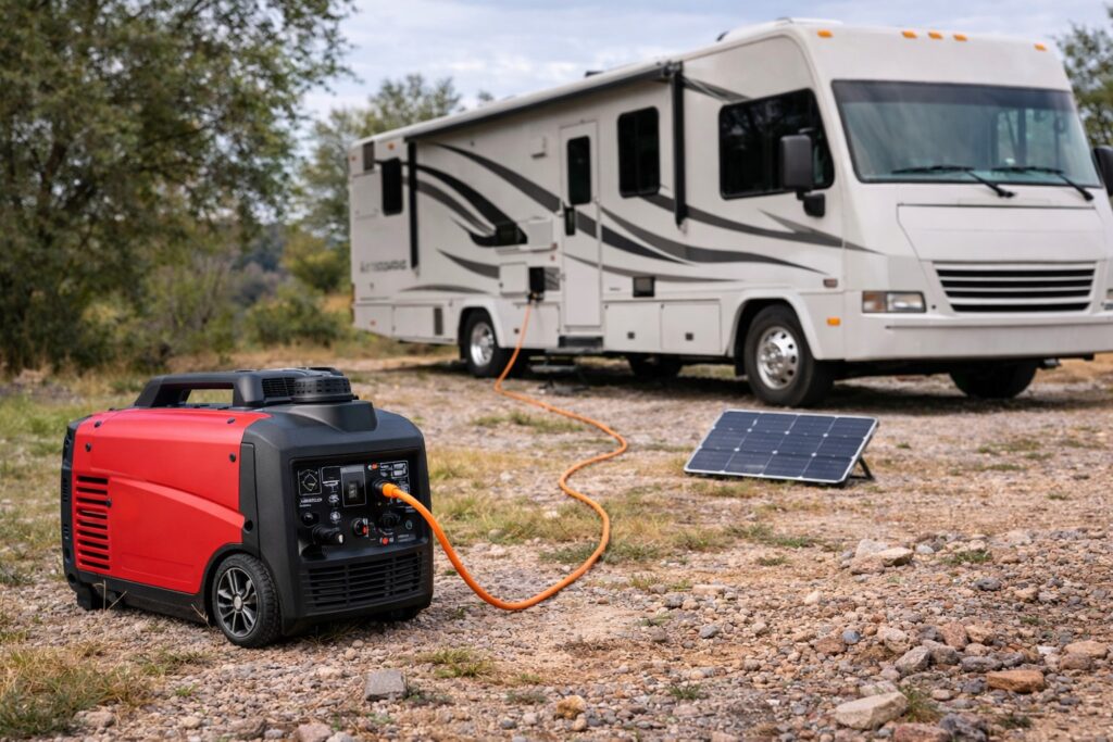 Portable inverter generator powering an RV rooftop air conditioner at a campsite