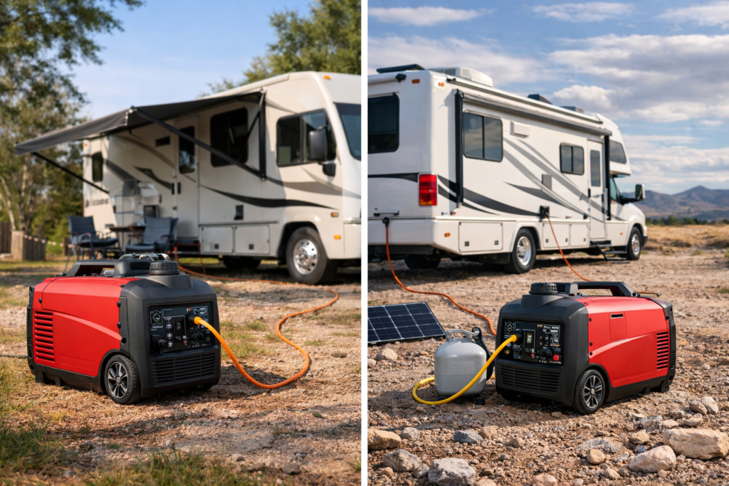 Portable inverter generator positioned safely away from an RV at a campsite