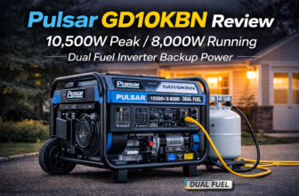 Pulsar GD10KBN 10500W dual fuel inverter generator shown with propane tank for home backup power