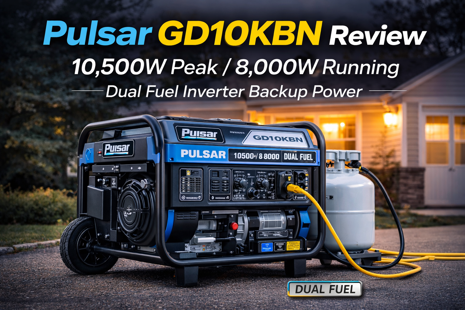 Pulsar GD10KBN 10500W dual fuel inverter generator shown with propane tank for home backup power