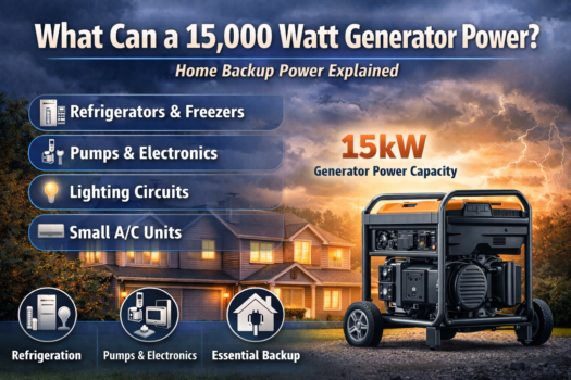 What appliances a 15,000 watt generator can power including refrigerators pumps lighting and small air conditioning systems