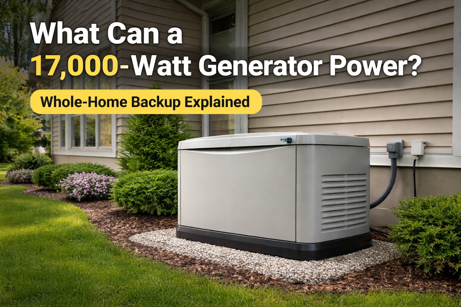 17,000-watt standby generator installed beside a residential home for whole-house backup power
