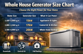 Whole house generator size chart showing recommended generator wattage by home size including 15kW, 17kW, and 20kW standby generators for residential backup power.