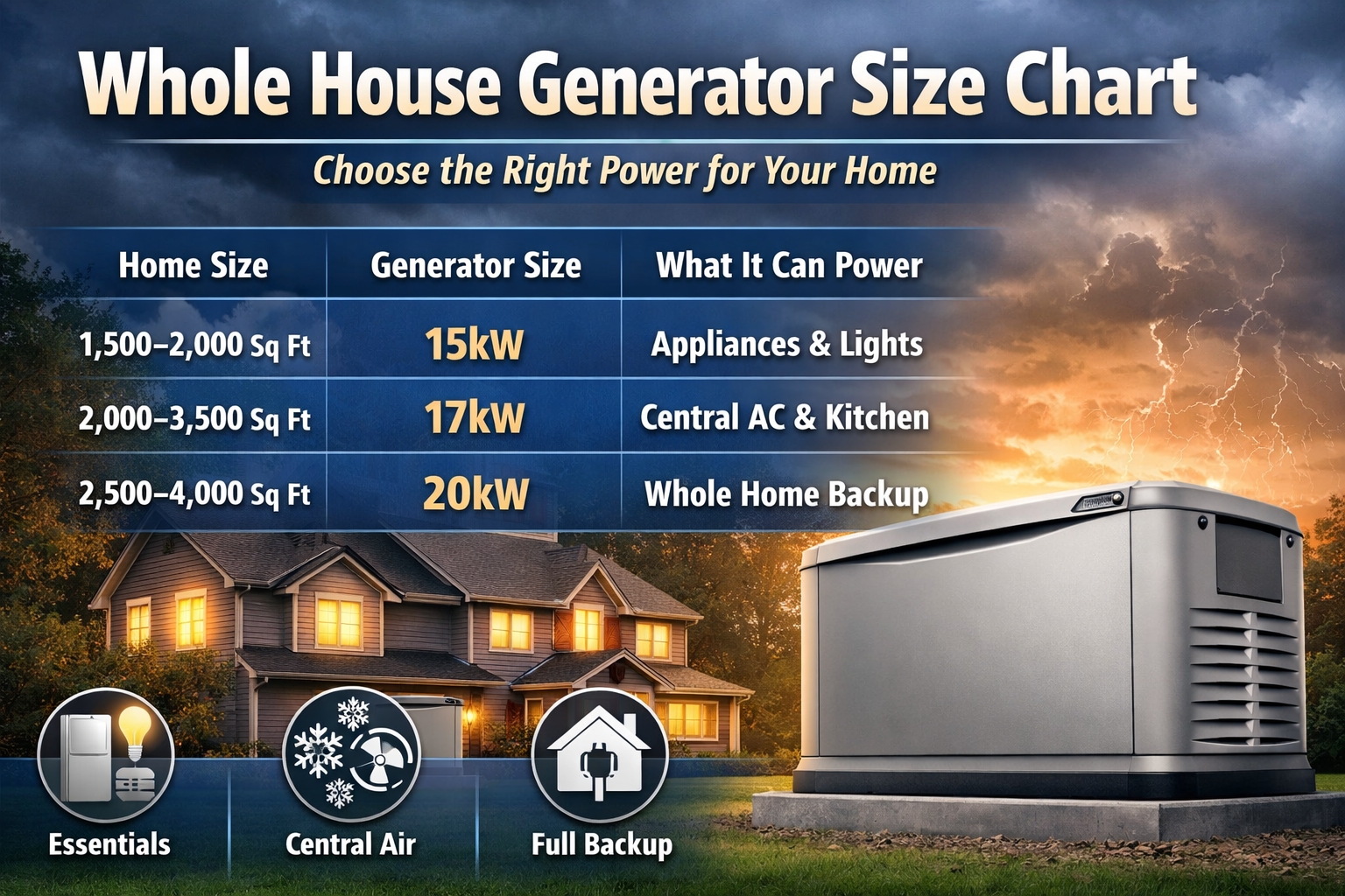 Whole house generator size chart showing recommended generator wattage by home size including 15kW, 17kW, and 20kW standby generators for residential backup power.