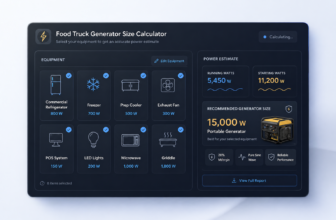 Dark dashboard-style food truck generator size calculator showing selected equipment like a refrigerator, freezer, prep cooler, exhaust fan, POS system, lights, microwave, and griddle with a generator power estimate.