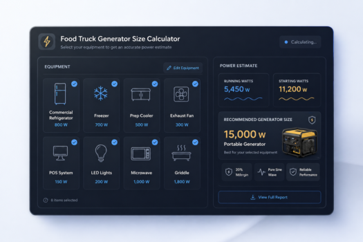 Dark dashboard-style food truck generator size calculator showing selected equipment like a refrigerator, freezer, prep cooler, exhaust fan, POS system, lights, microwave, and griddle with a generator power estimate.