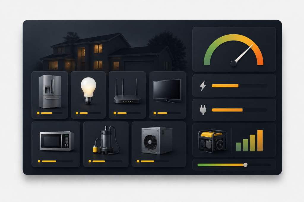 Dark dashboard-style illustration showing a home backup power calculator with household essentials like a refrigerator, light bulb, Wi-Fi router, TV, microwave, sump pump, and generator indicators.
