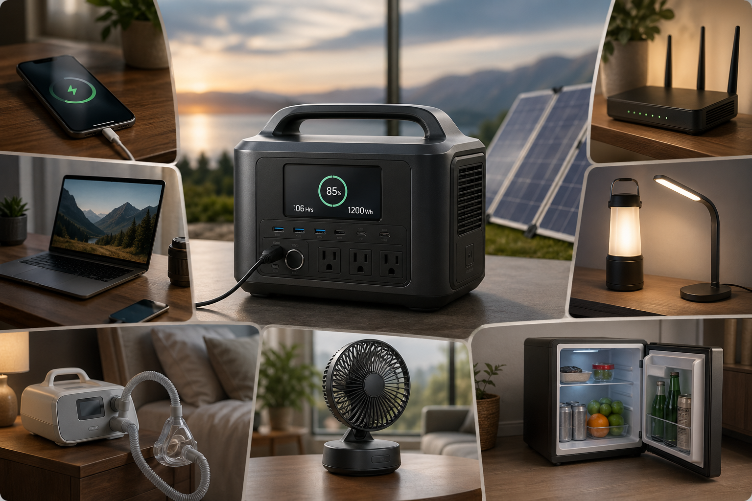 Collage showing a portable power station with solar panels and common devices like a phone, laptop, router, lights, CPAP machine, fan, and mini fridge to illustrate watt-hour usage.