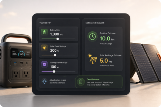 Power station solar panel calculator dashboard showing battery size, solar panel wattage, runtime estimate, and solar recharge estimate beside a portable power station and solar panels.