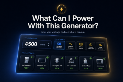 Generator wattage calculator showing a 4500-watt input and common appliances it may power, including a refrigerator, lights, Wi-Fi router, coffee maker, and microwave.