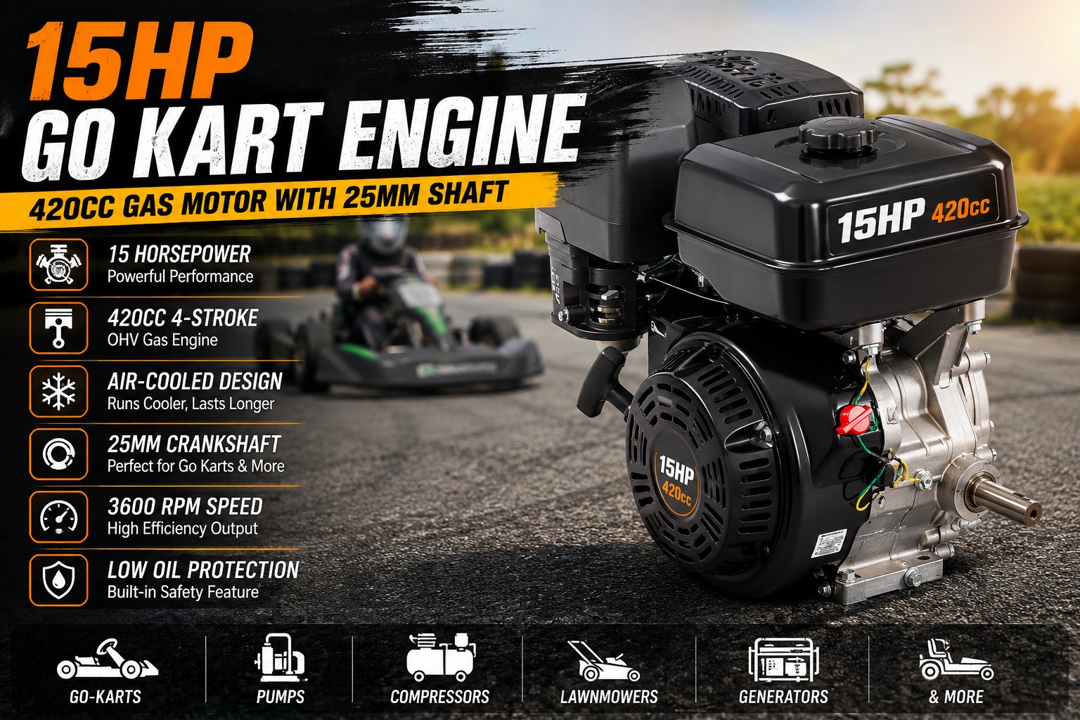 15 hp go kart engine 420cc gas motor with 25mm shaft for go kart and utility equipment projects