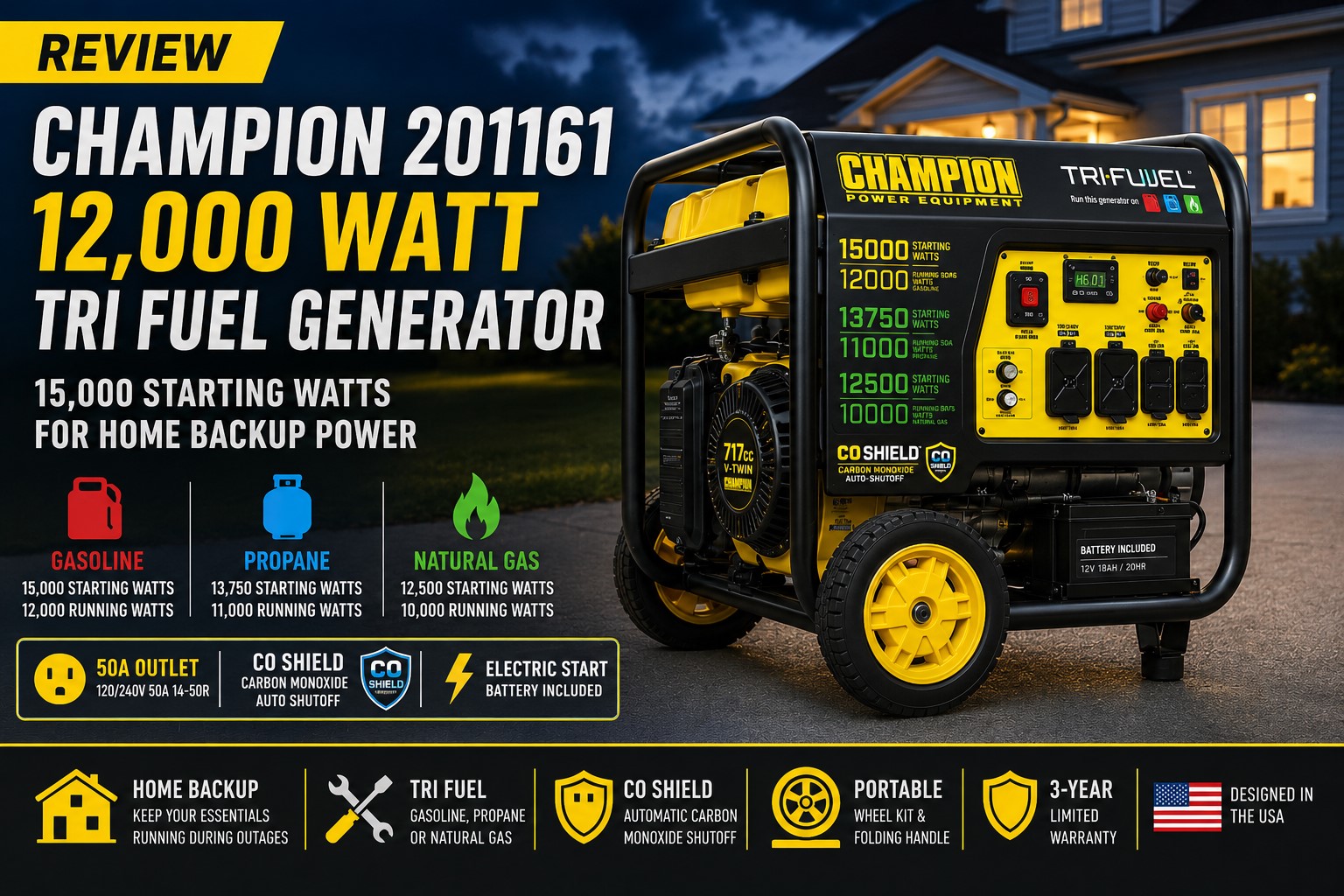 Champion 201161 12000 watt tri fuel generator with electric start and CO Shield