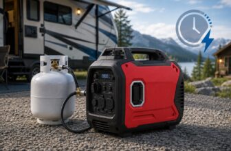 PowerSmart 3800 dual fuel generator connected to propane tank for RV camping and emergency backup runtime